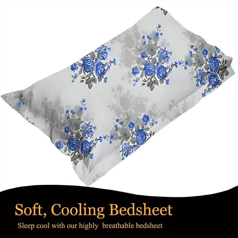 STARNSTYLE Polycotton 220 TC Soft Breathable Wrinklefree Floral Printed Single Bedsheet with Pillow Cover - White Blue - Image 4